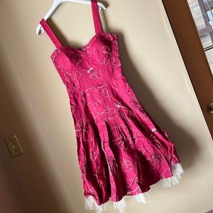 TIBI sz 4/6 red beaded tulle swing sweetheart dress shelf bust retro